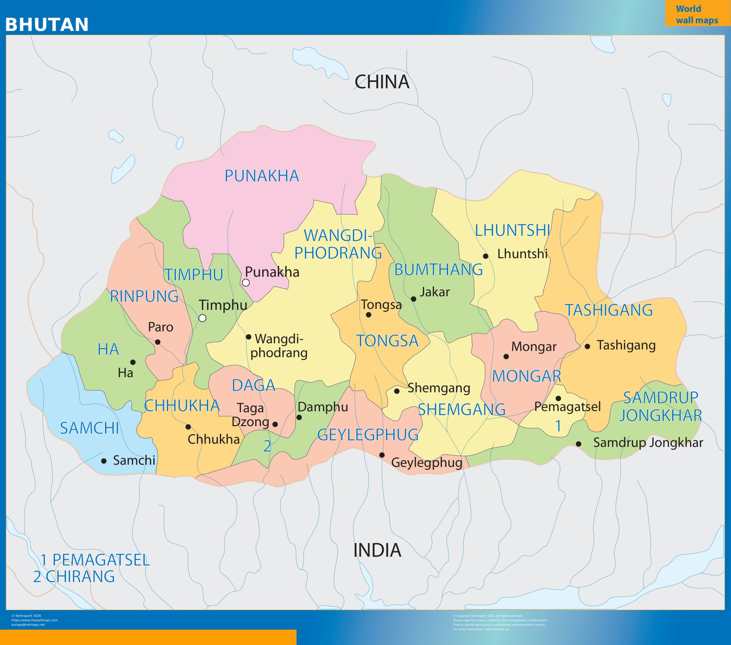 Bhutan wall map