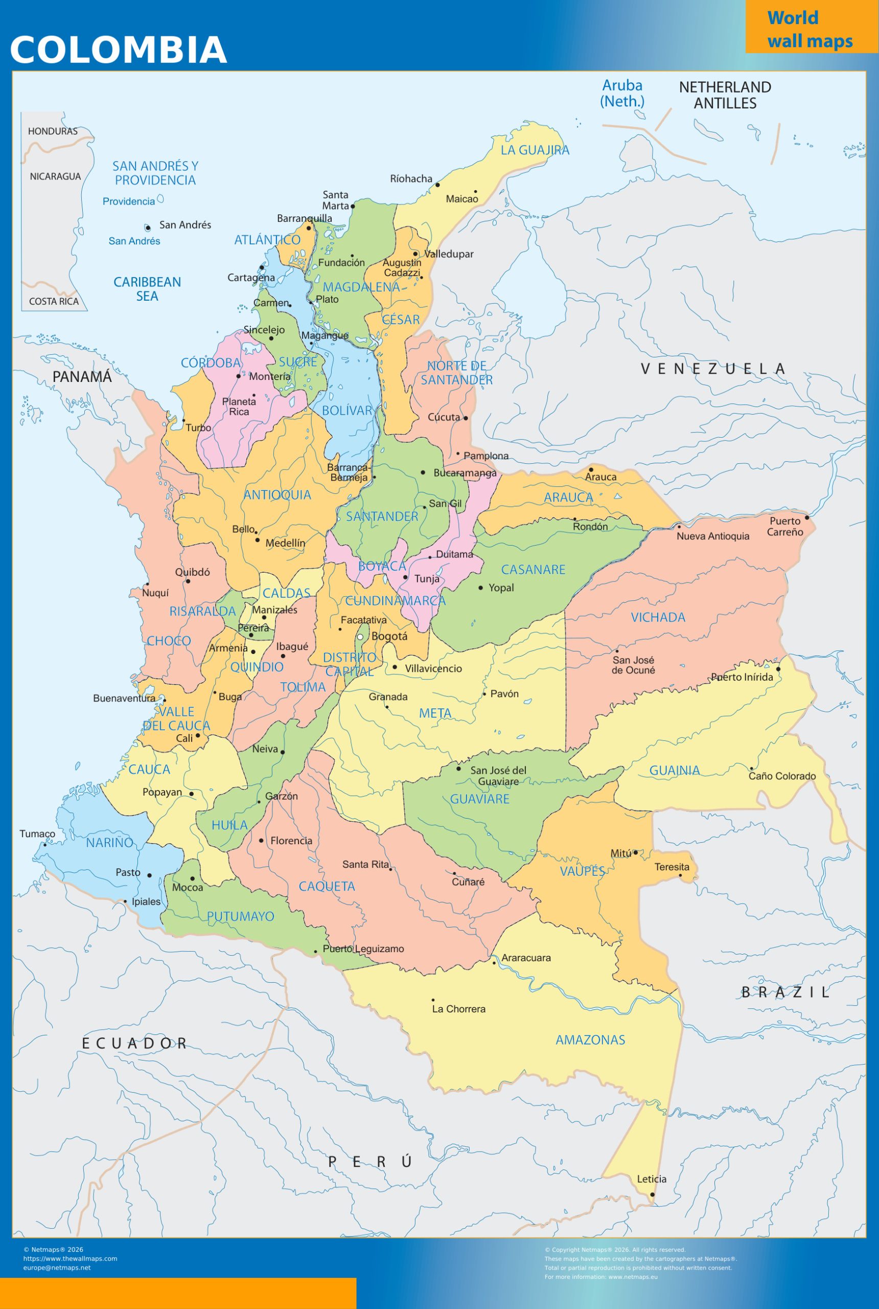 Colombia regions wall map