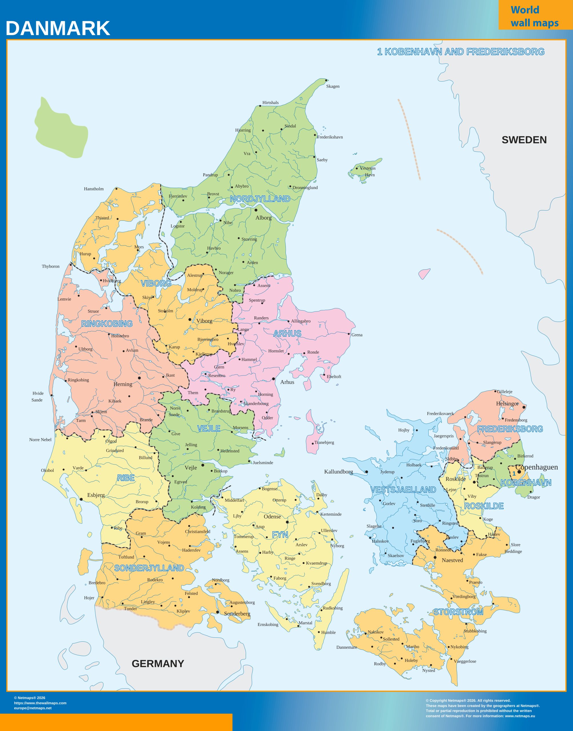 Denmark regions wall map
