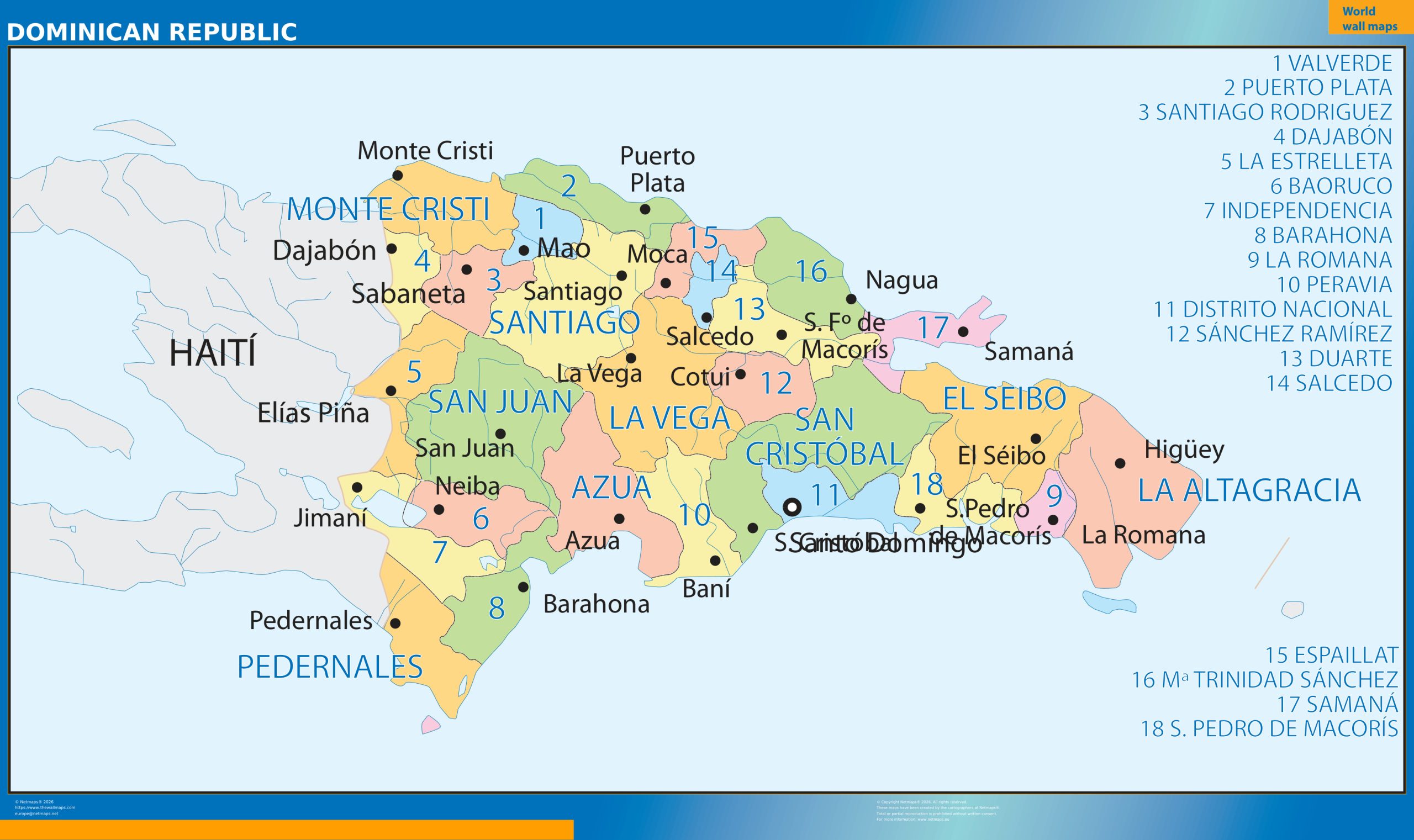 Dominican Republic regions wall map