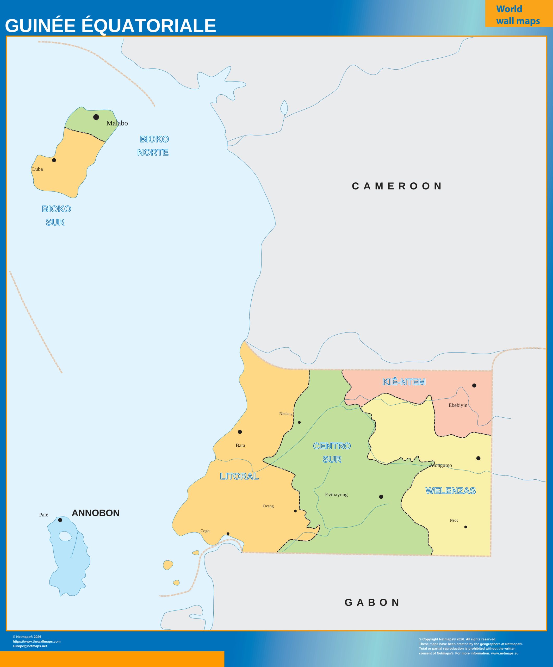 Equatorial Guinea regions wall map