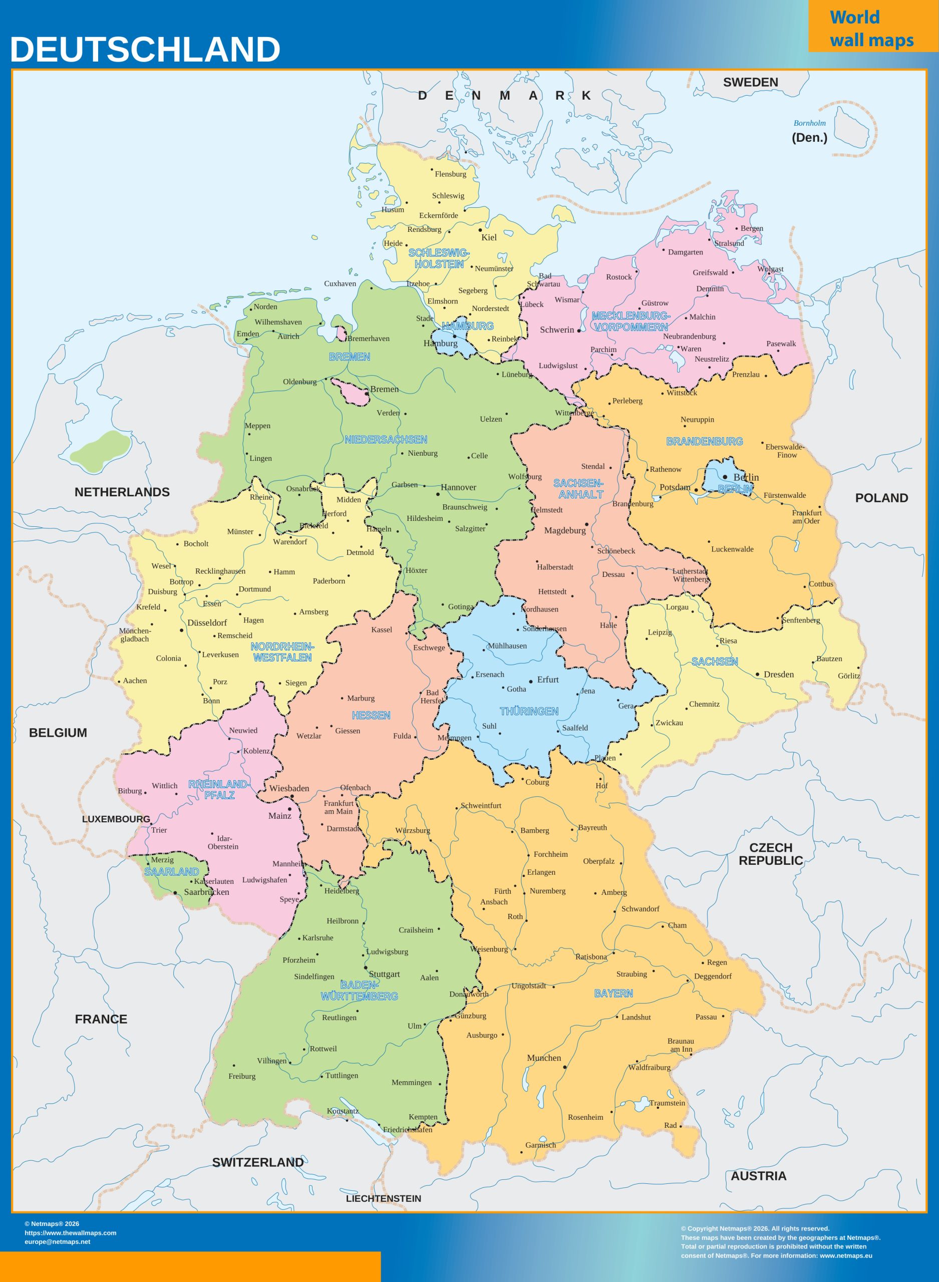 Germany regions wall map