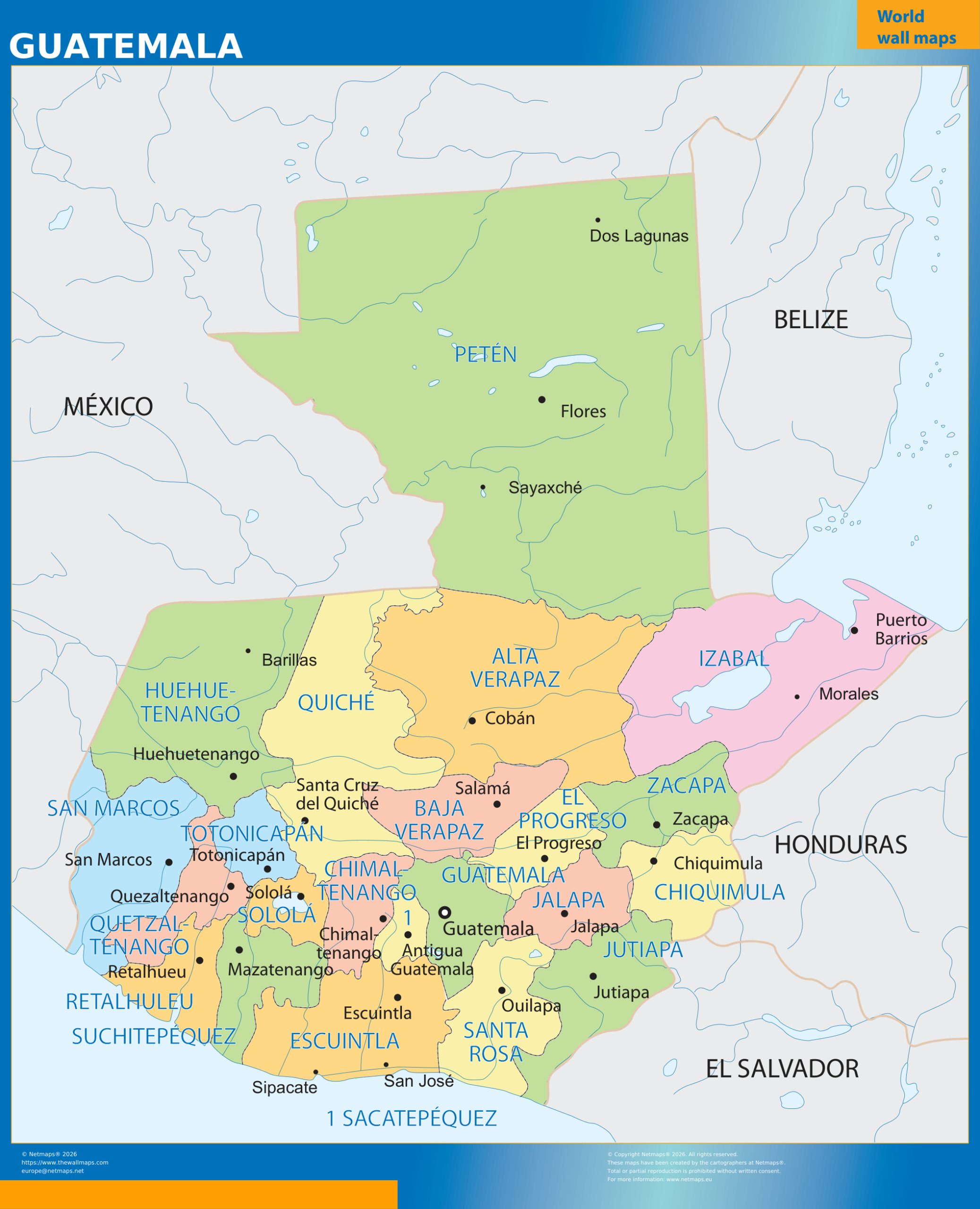 Guatemala regions wall map
