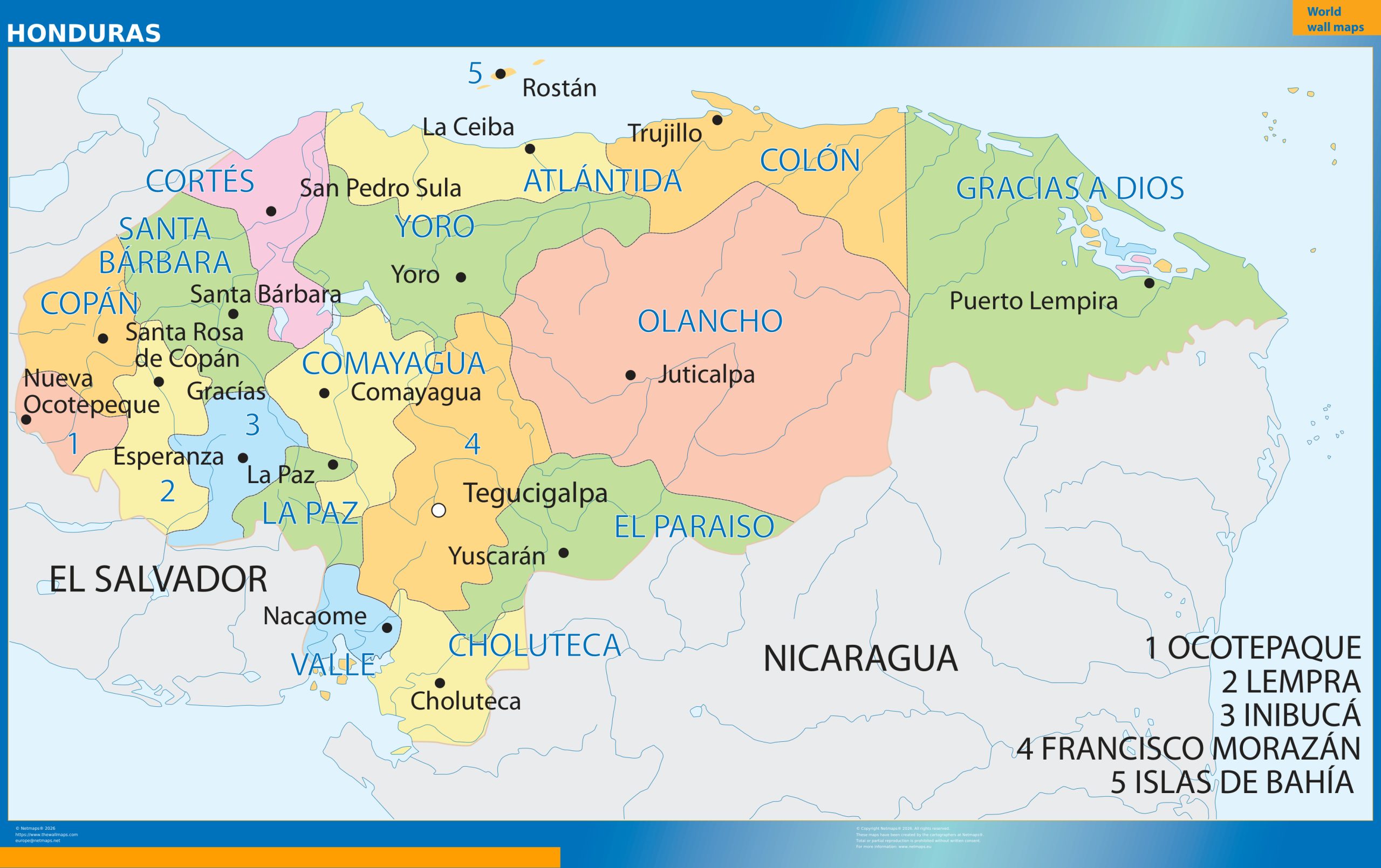 Honduras wall map