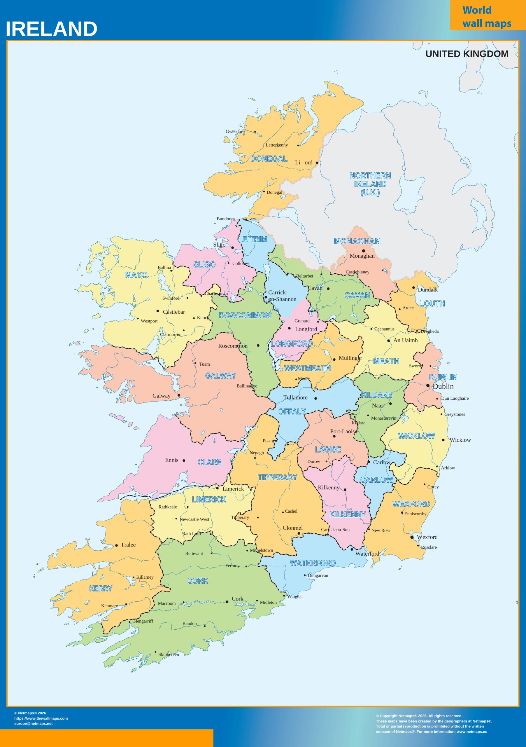 Ireland regions wall map