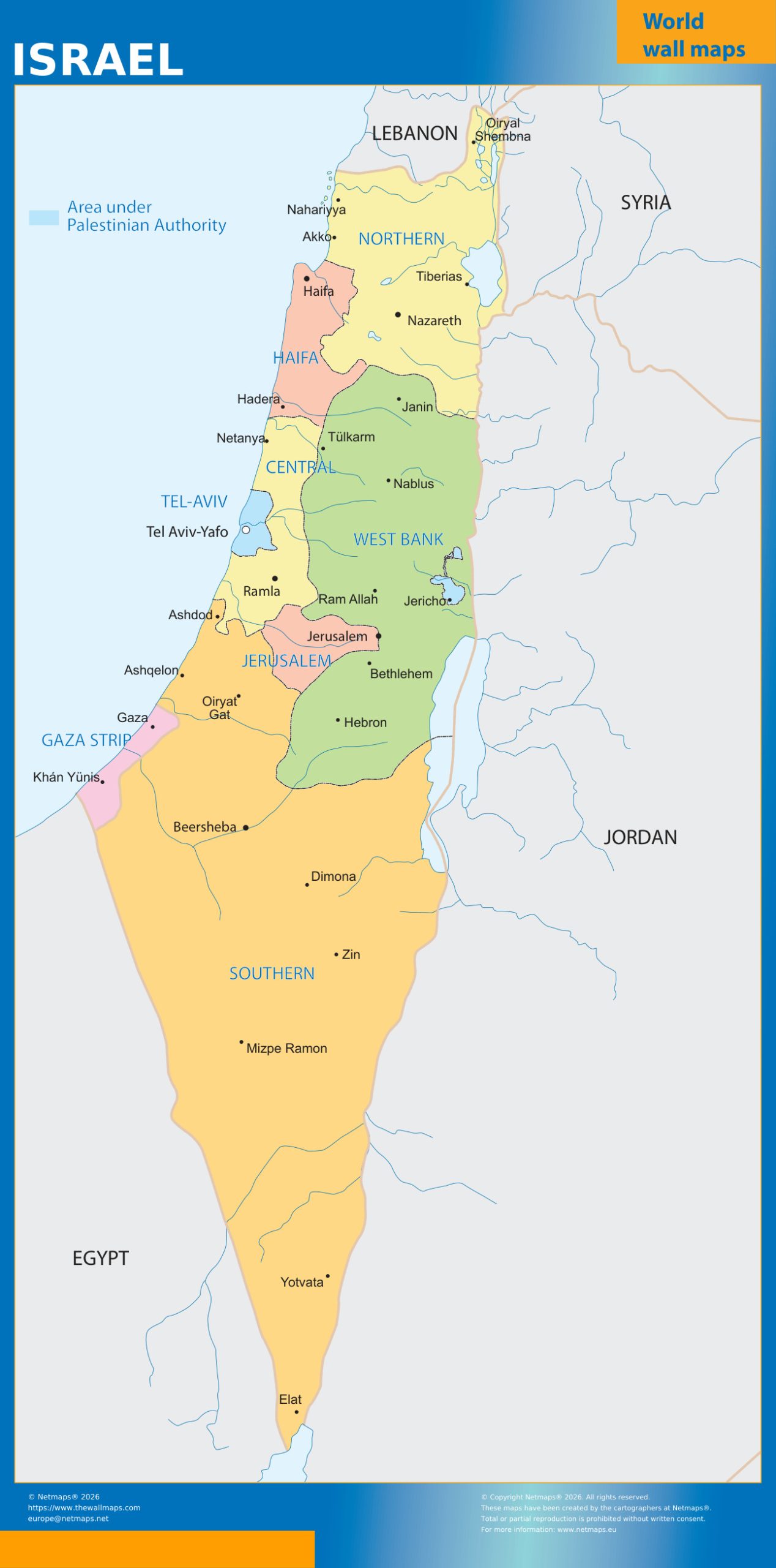 Israel regions wall map