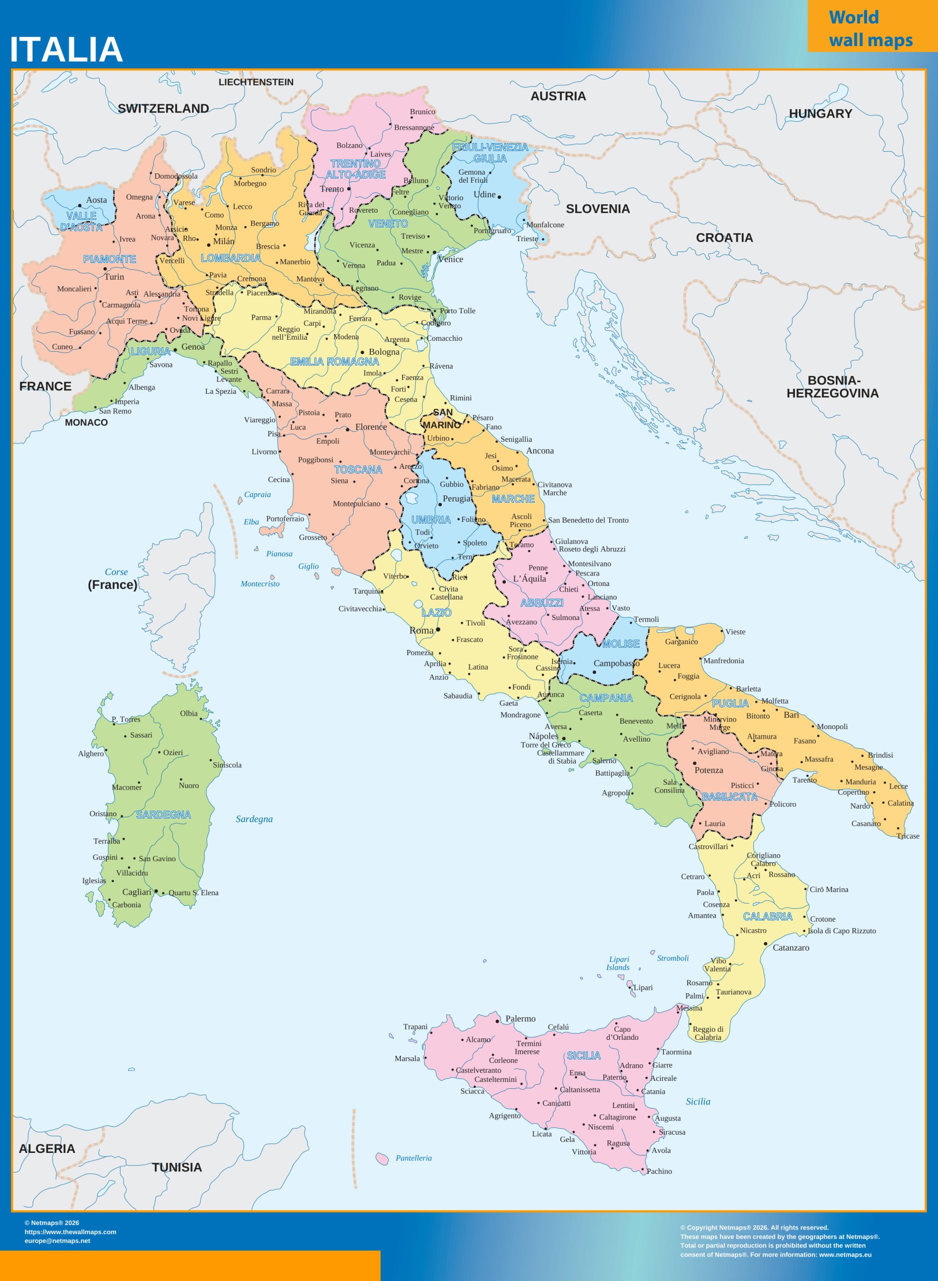 Italy regions wall map