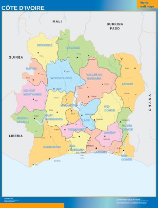 Ivory Coast regions wall map
