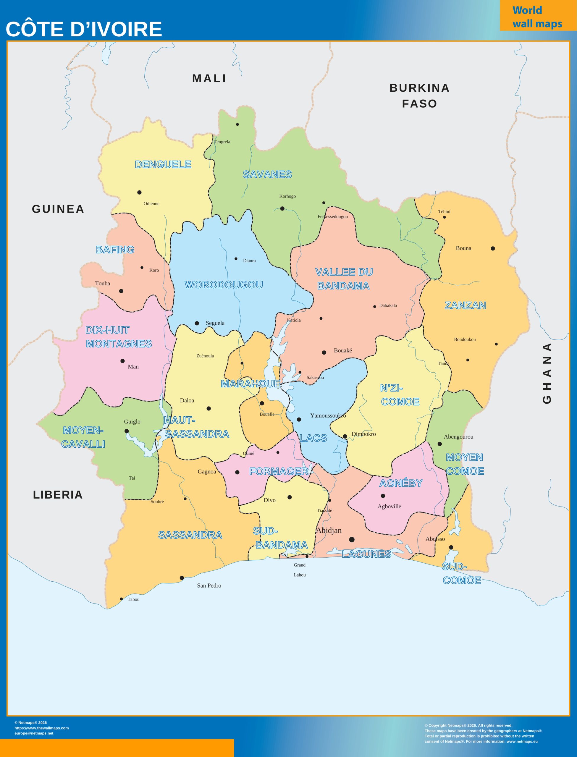 Ivory Coast regions wall map