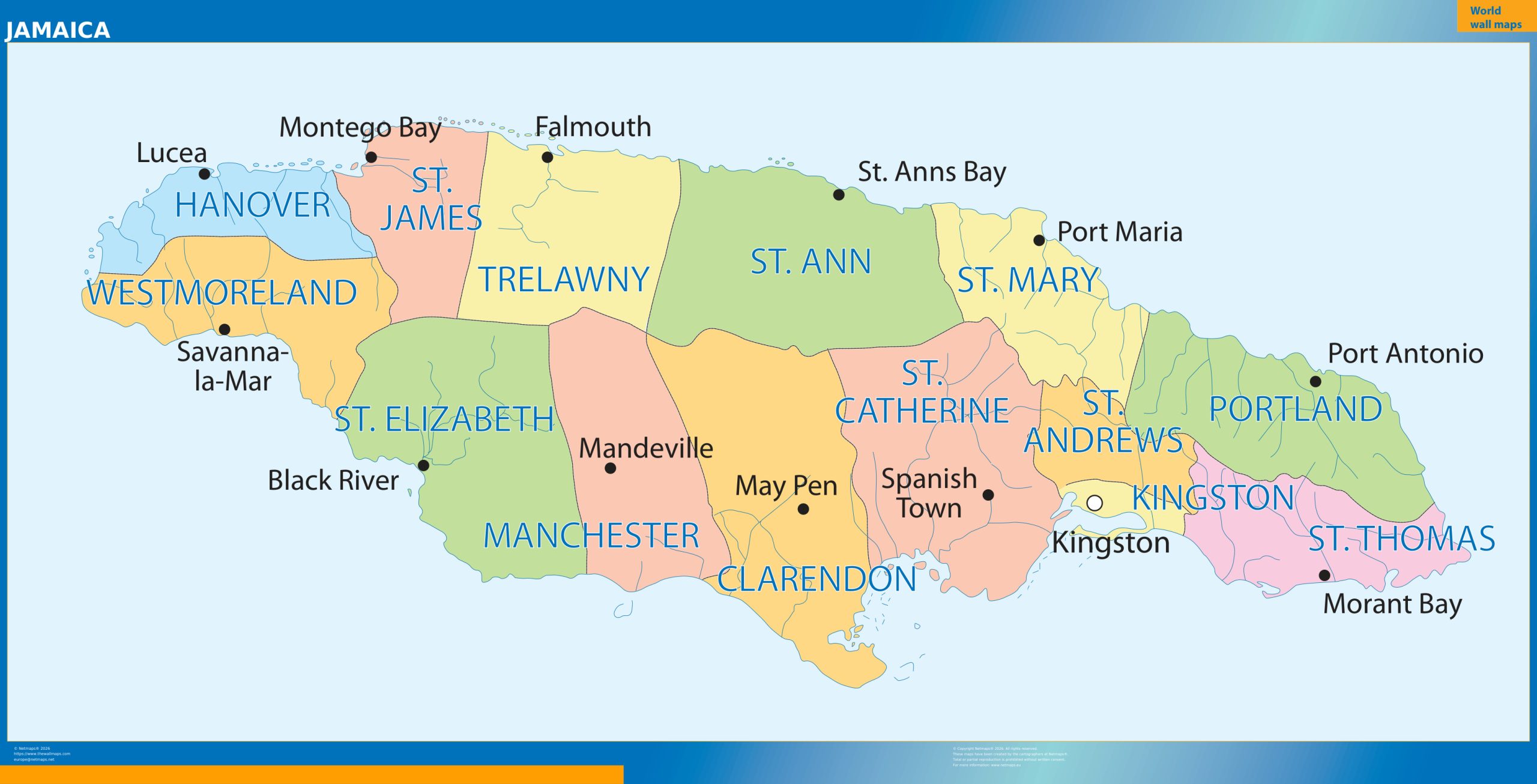 Jamaica regions wall map