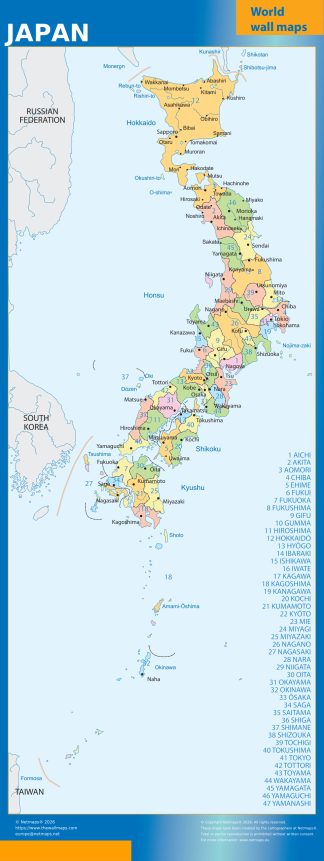 Japan regions wall map