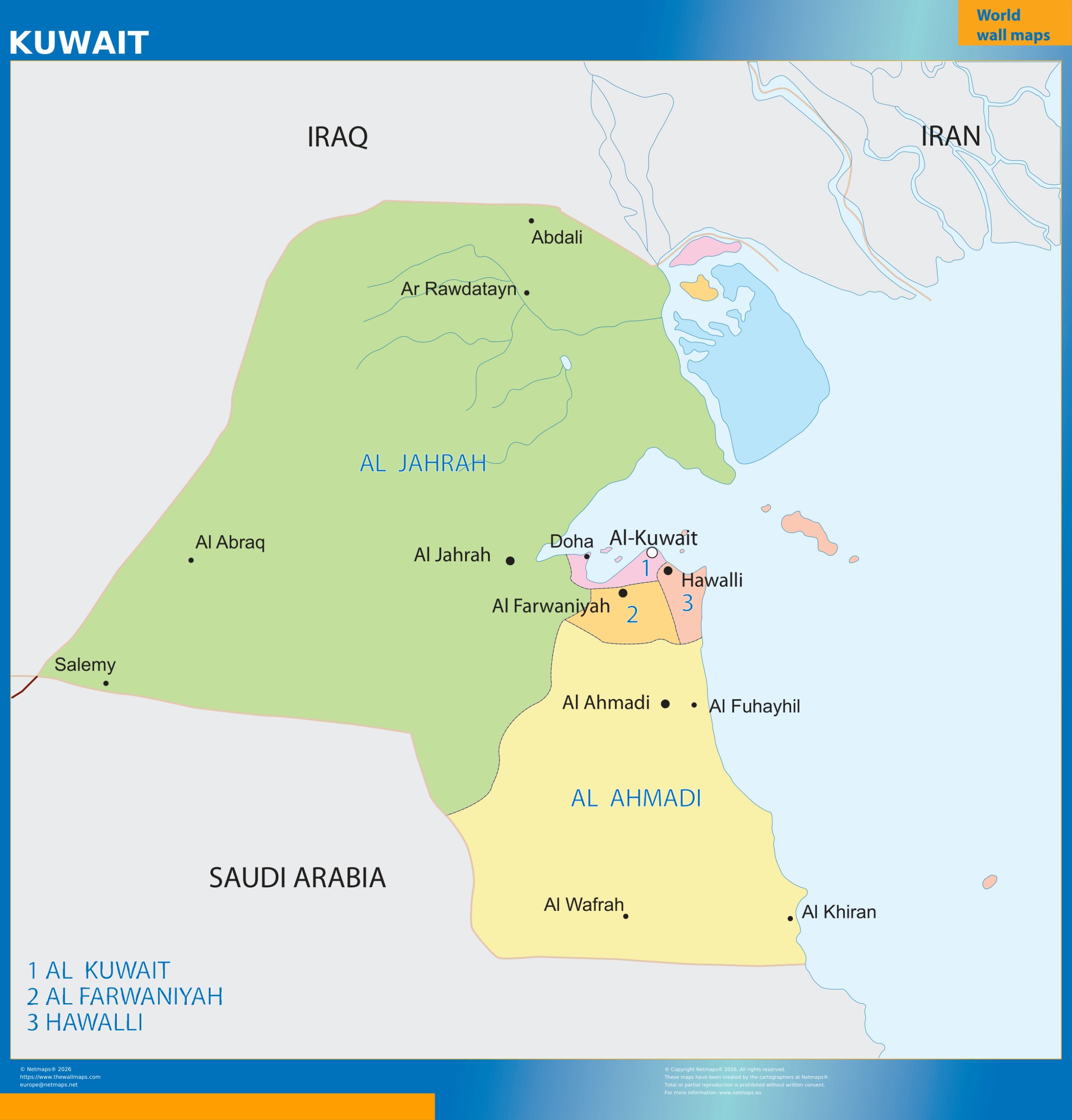Kuwait regions wall map
