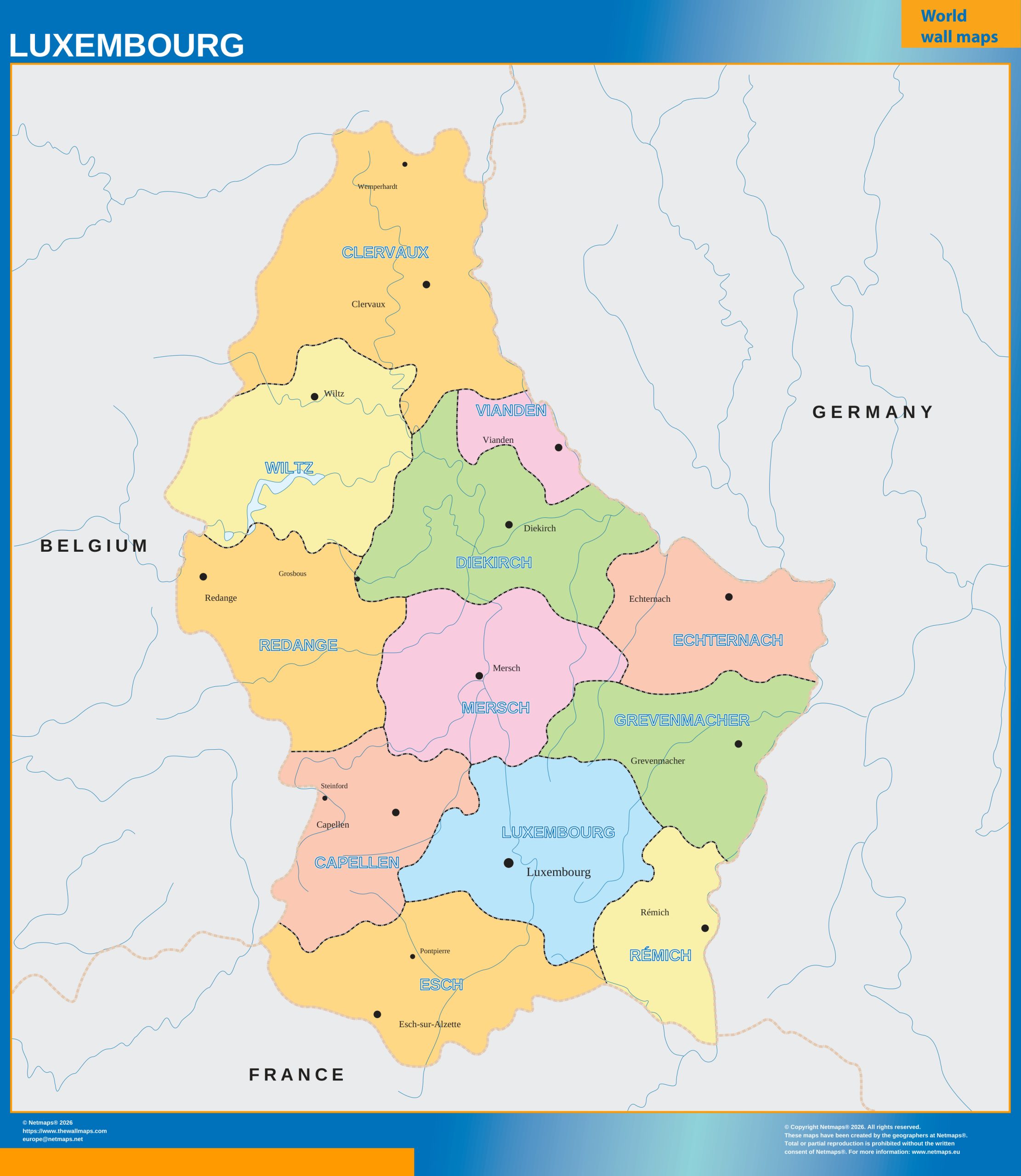 Luxembourg regions wall map