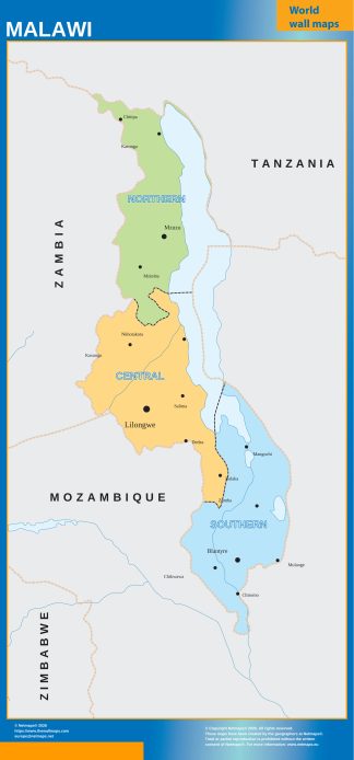 Malawi regions wall map