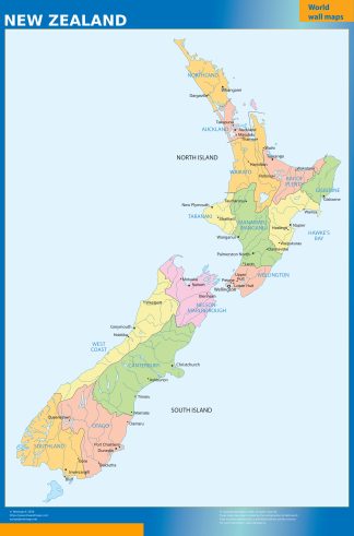 New Zealand regions wall map
