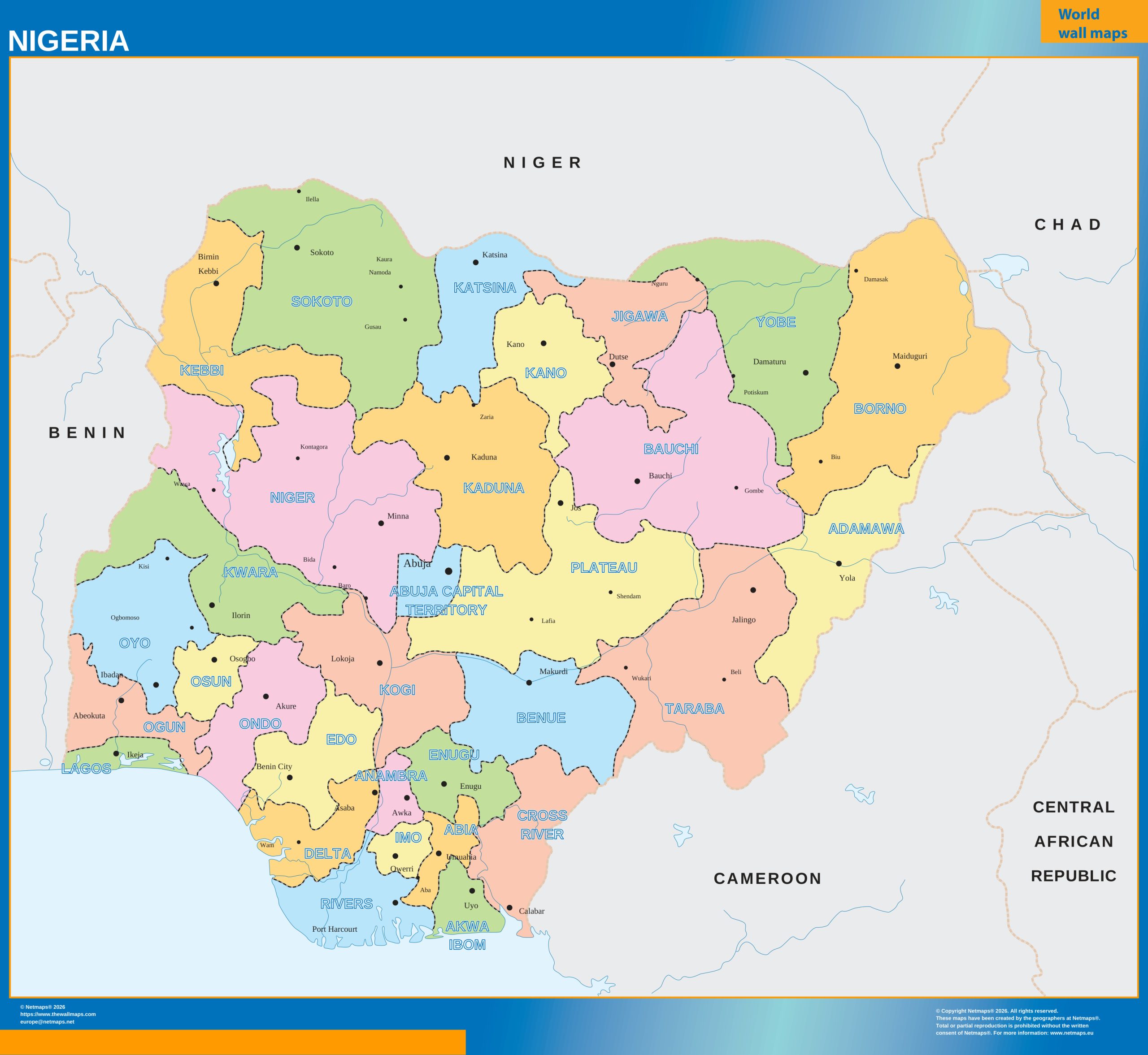 Nigeria regions wall map