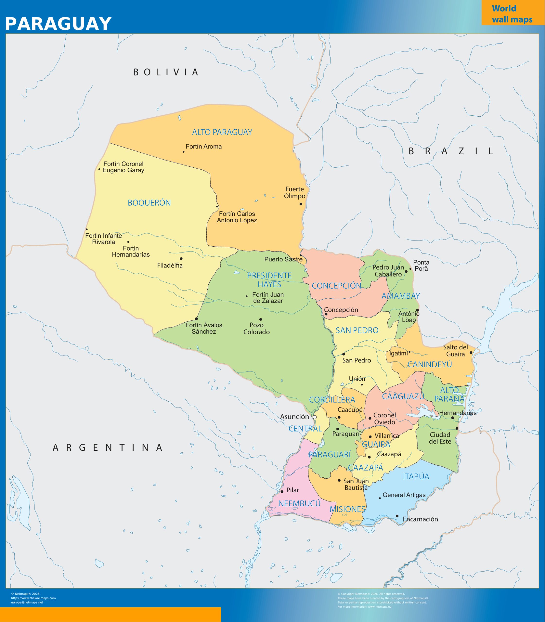 Paraguay regions wall map