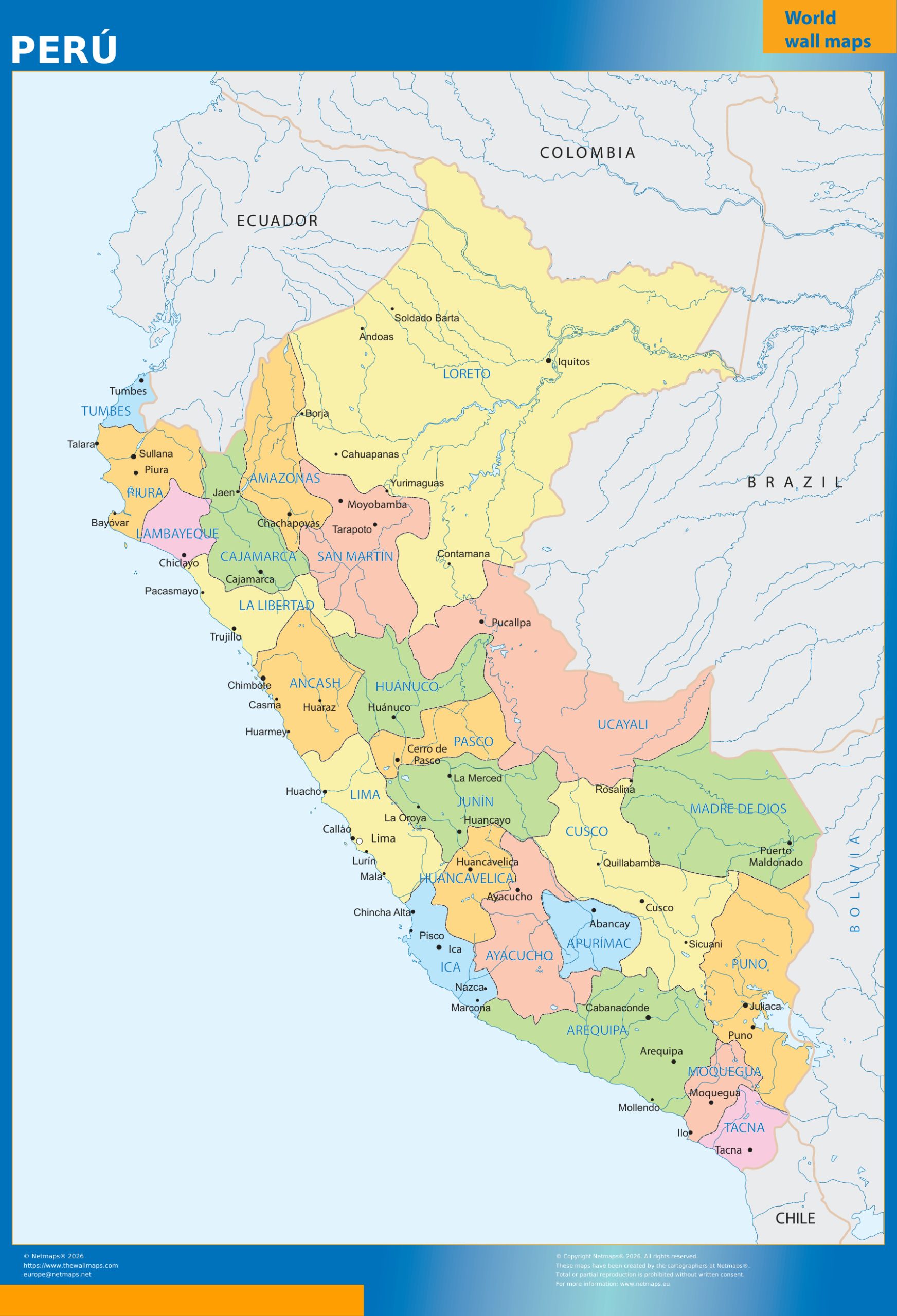 Peru regions wall map