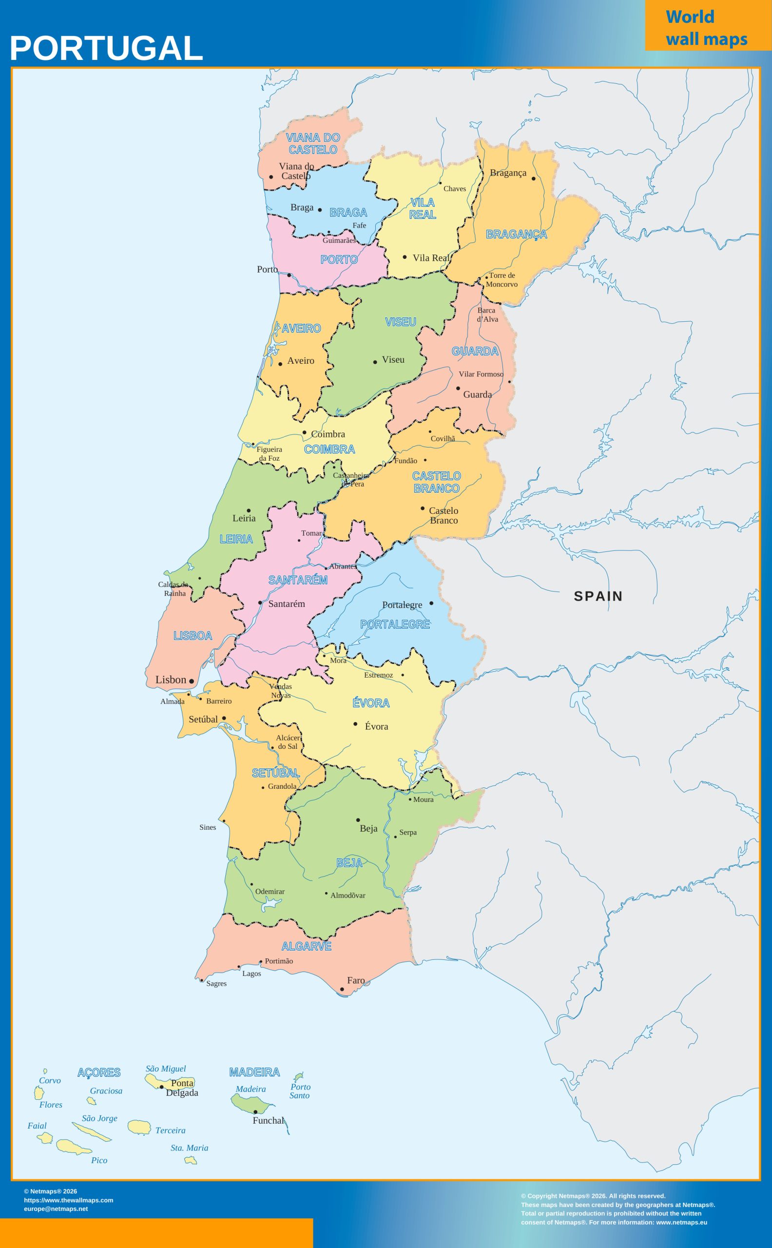 Portugal regions wall map