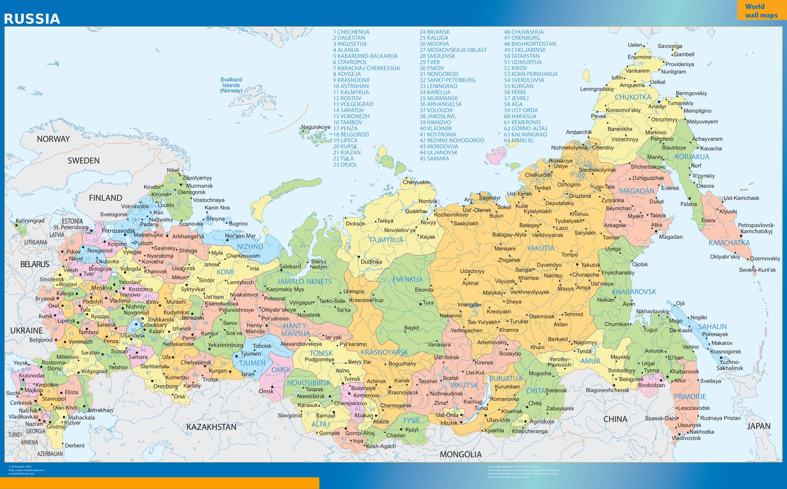 Russia regions wall map