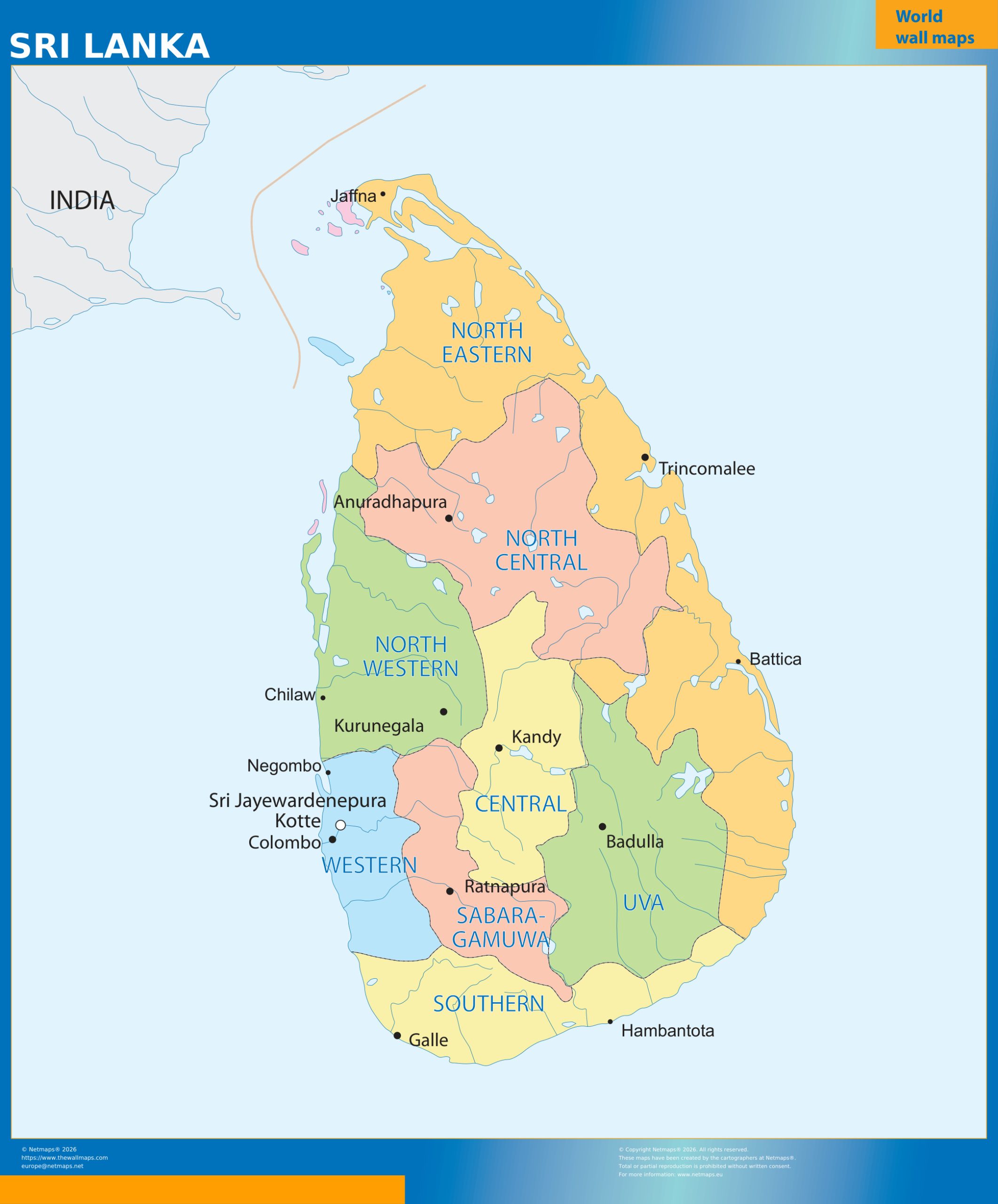 Sri Lanka regions wall map