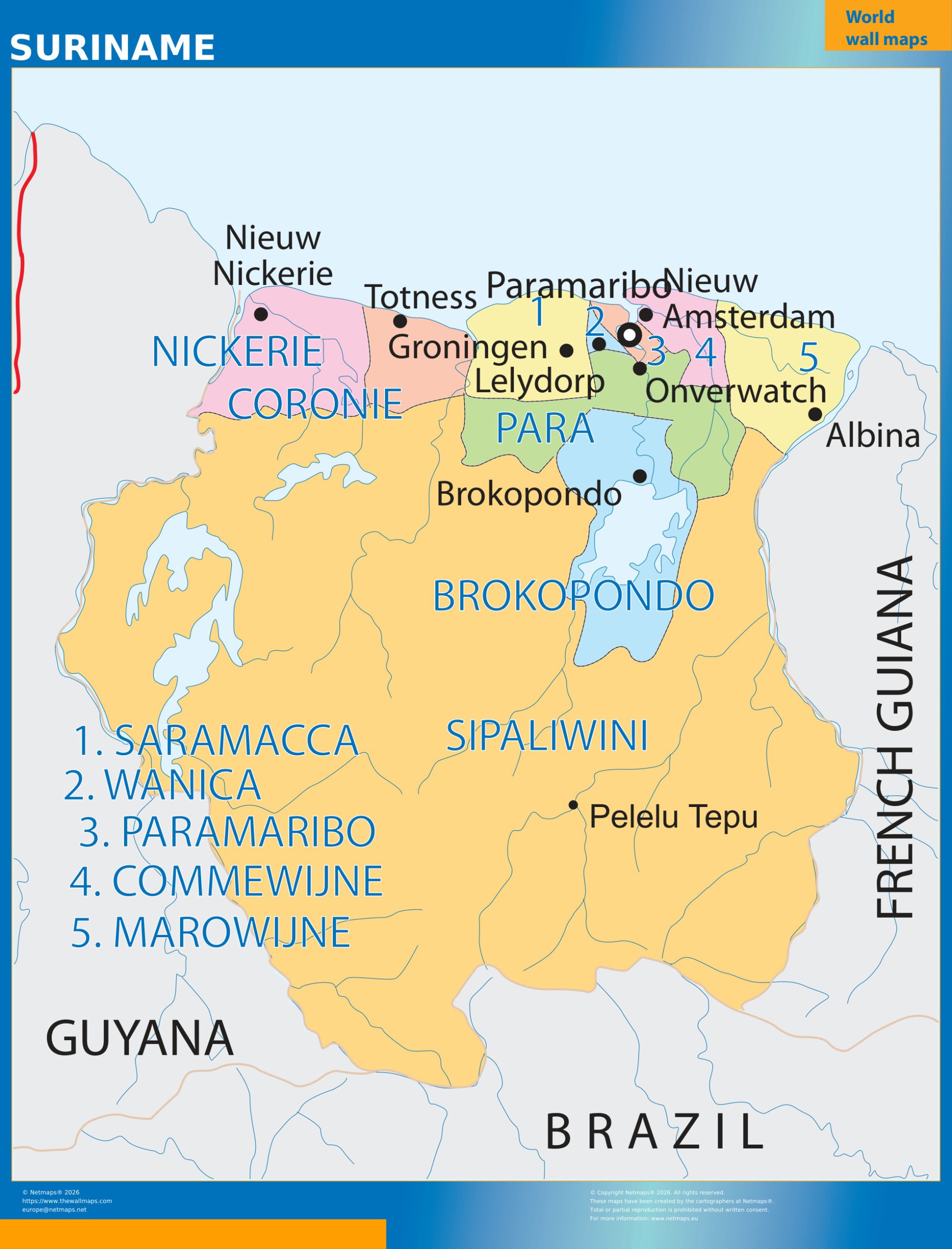 Suriname wall map
