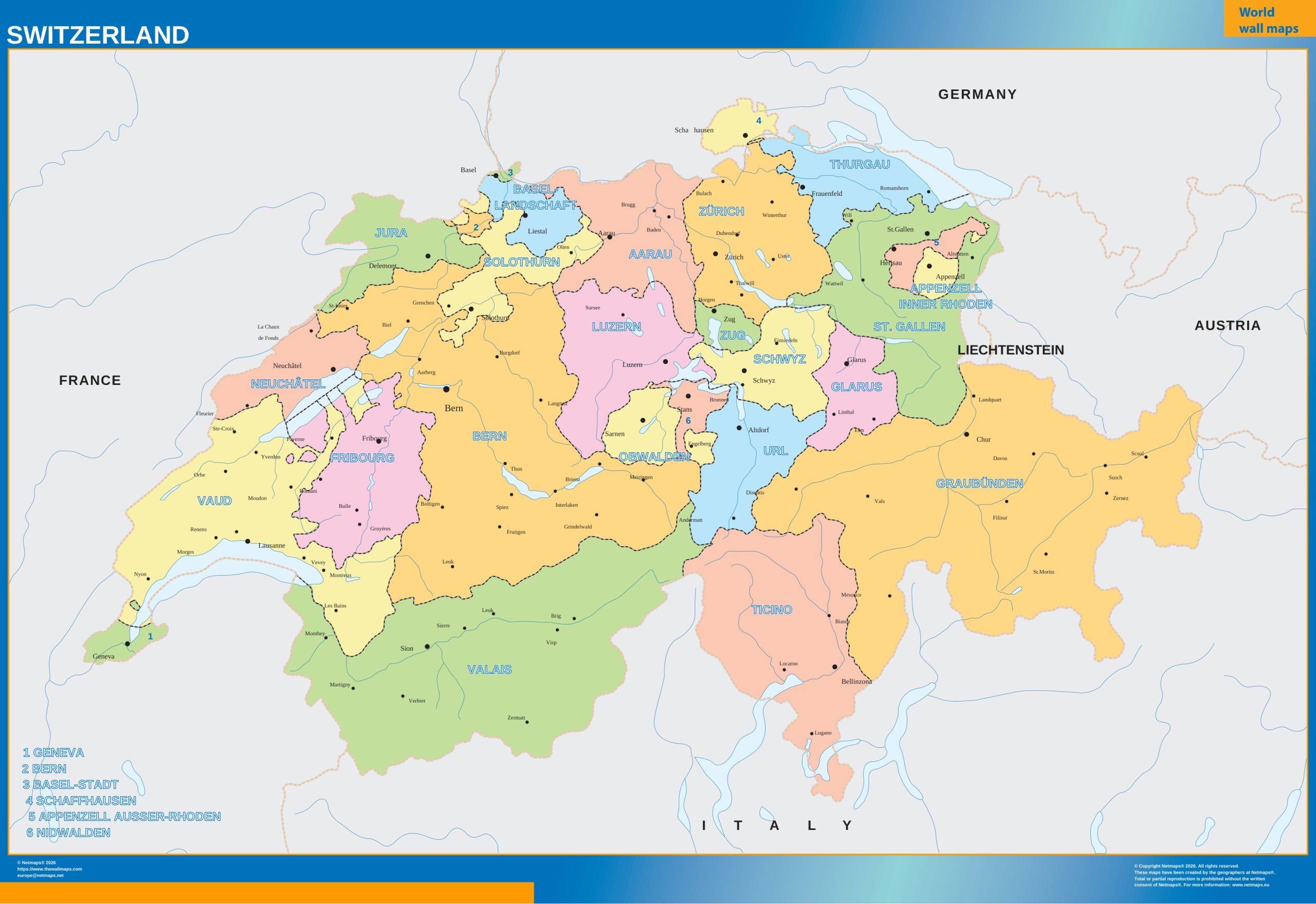 Switzerland regions wall map