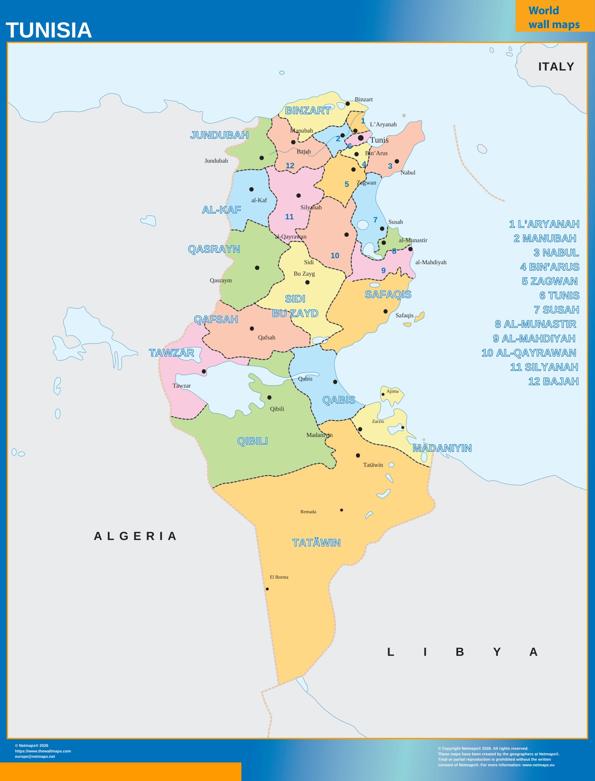 Tunisia wall map
