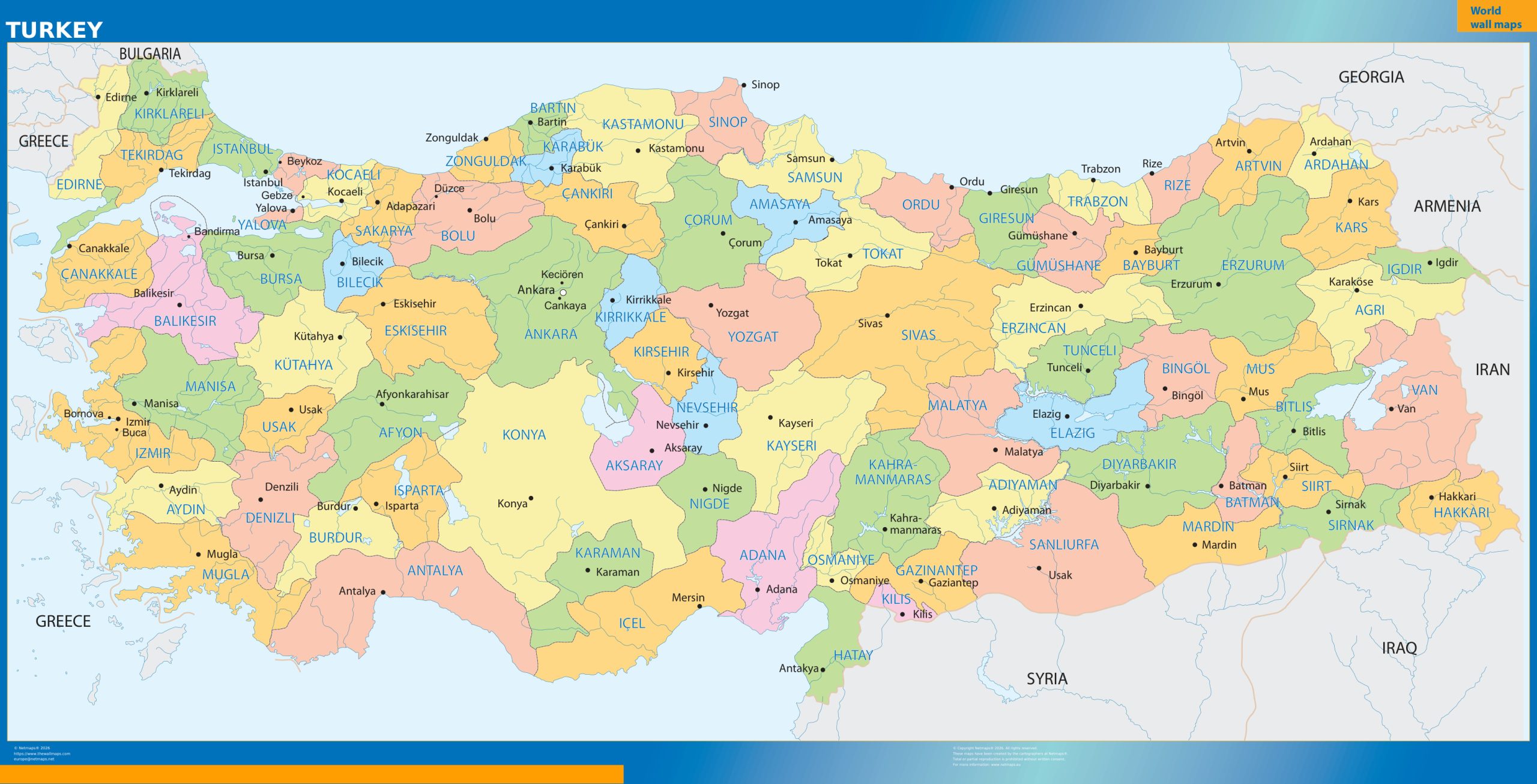 Turkey regions wall map