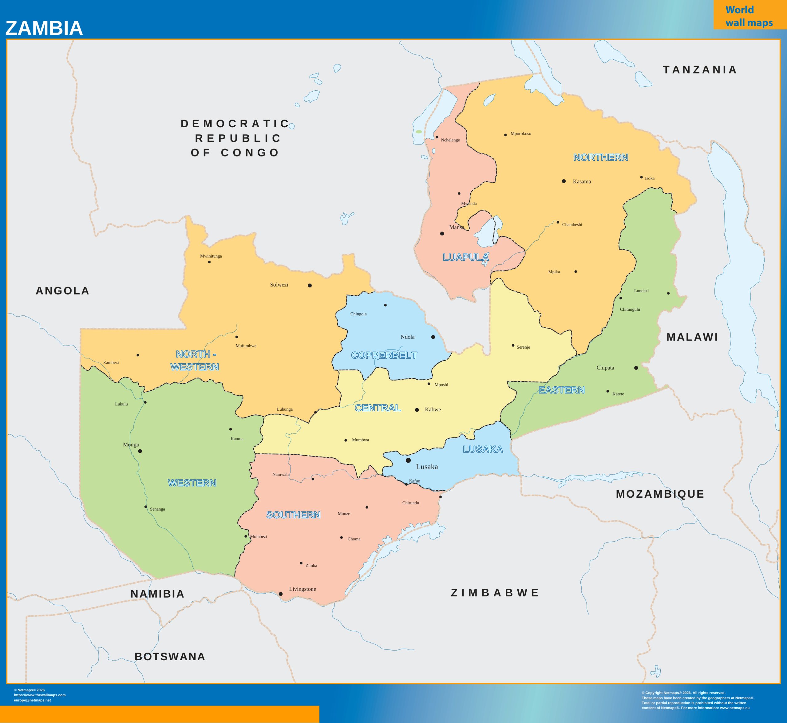 Zambia wall map